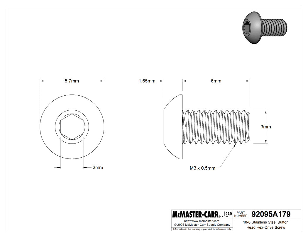 Technical Drawing of 18-8 Stainless Steel Button Head Hex-Drive Screw, M3 x 0.5 mm Thread Size, 6 mm Long.